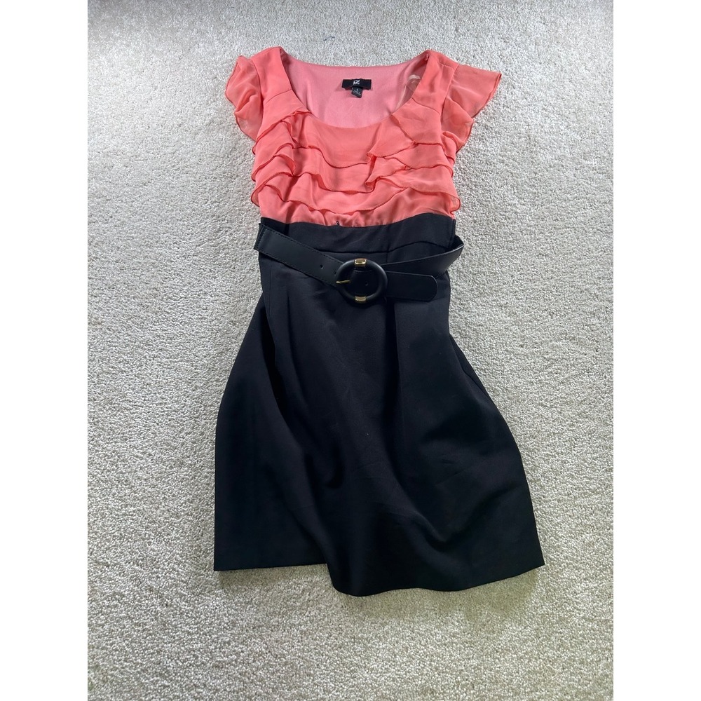 Iz Byer Women's Coral Black Dress Size 5‎ Ruffle Belted Cocktail